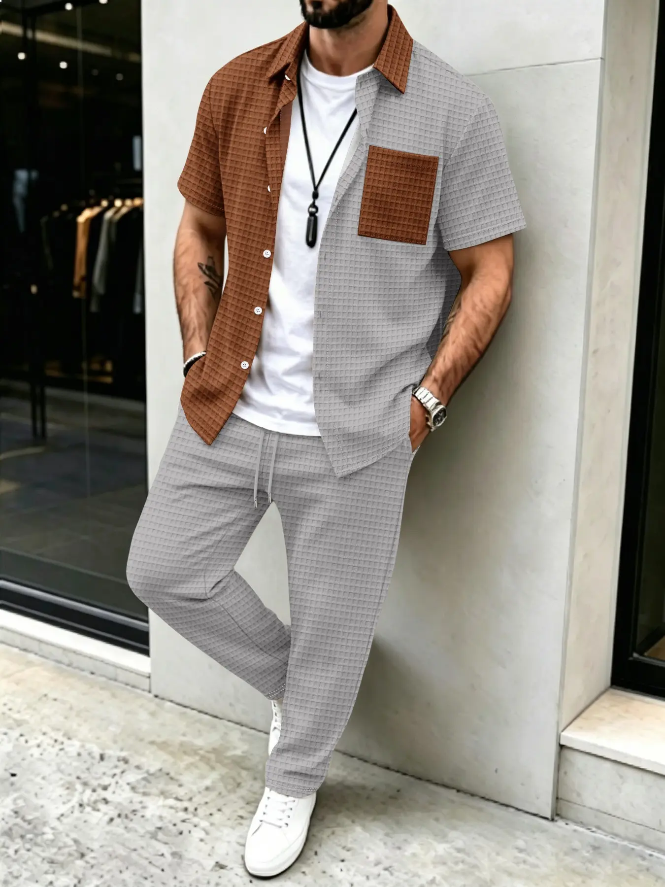 Men'S Fashion Color - Herren-Set mit Waffelmuster-Hemd und Langer Hose,