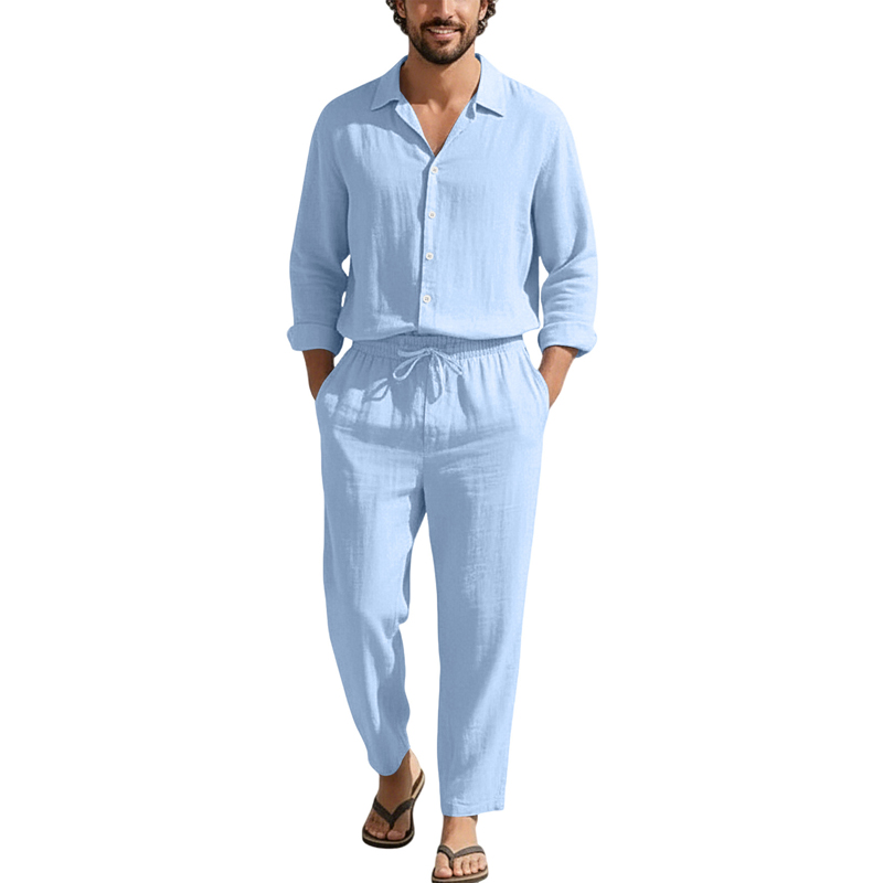 Men'S Fashion Color - Frühling Sommer Leinen Freizeitsets Lose Strand-Langarmhemden+Lange